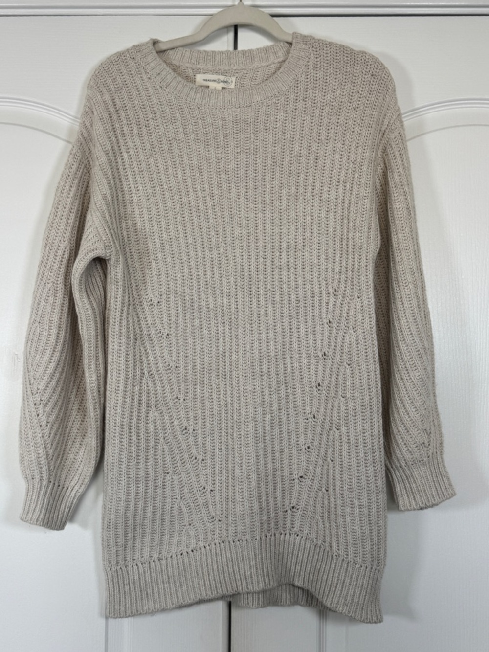 Treasure & Bond Oatmeal Chunky Knit Tunic Sweater Eyelet Detail Crewneck Large